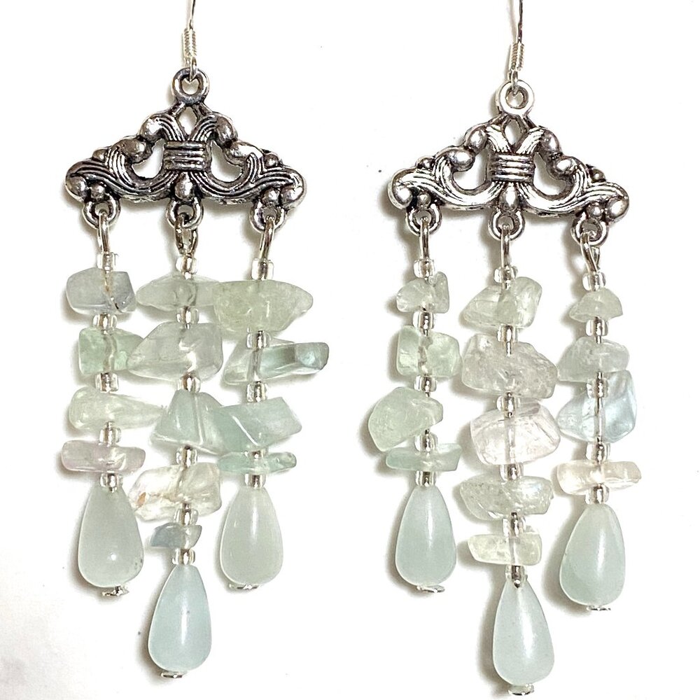 2/20$, Green Natural Gemstone Gothic Chandelier Earrings, Fluorite & Chalcedony